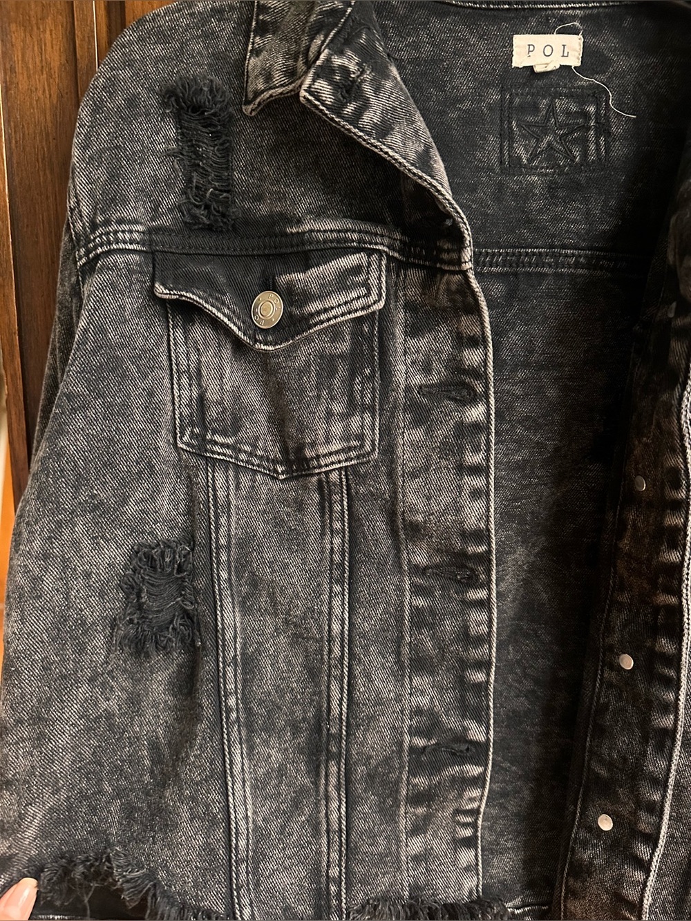 POL Distressed Denim Jean Jacket in Black - Picture 2 of 7